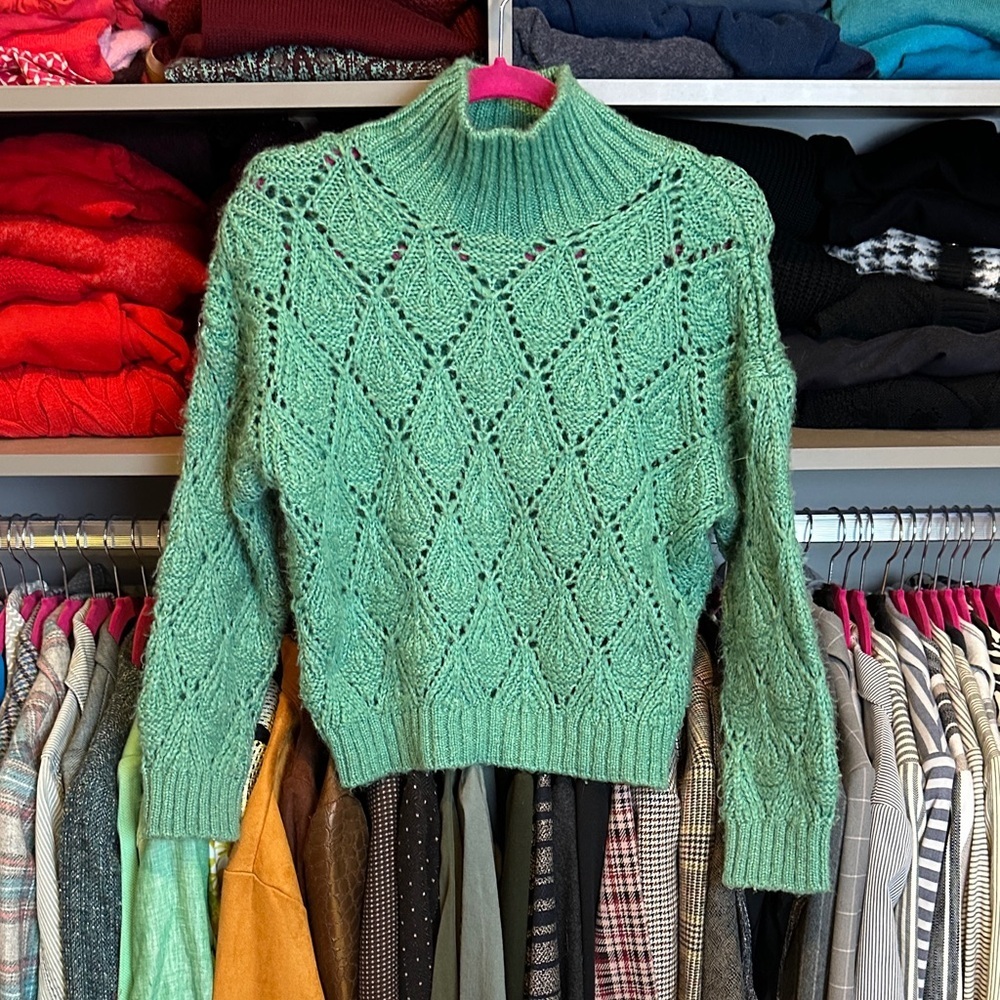 Zara green open knit long sleeve mock neck sweater size girl 11-12